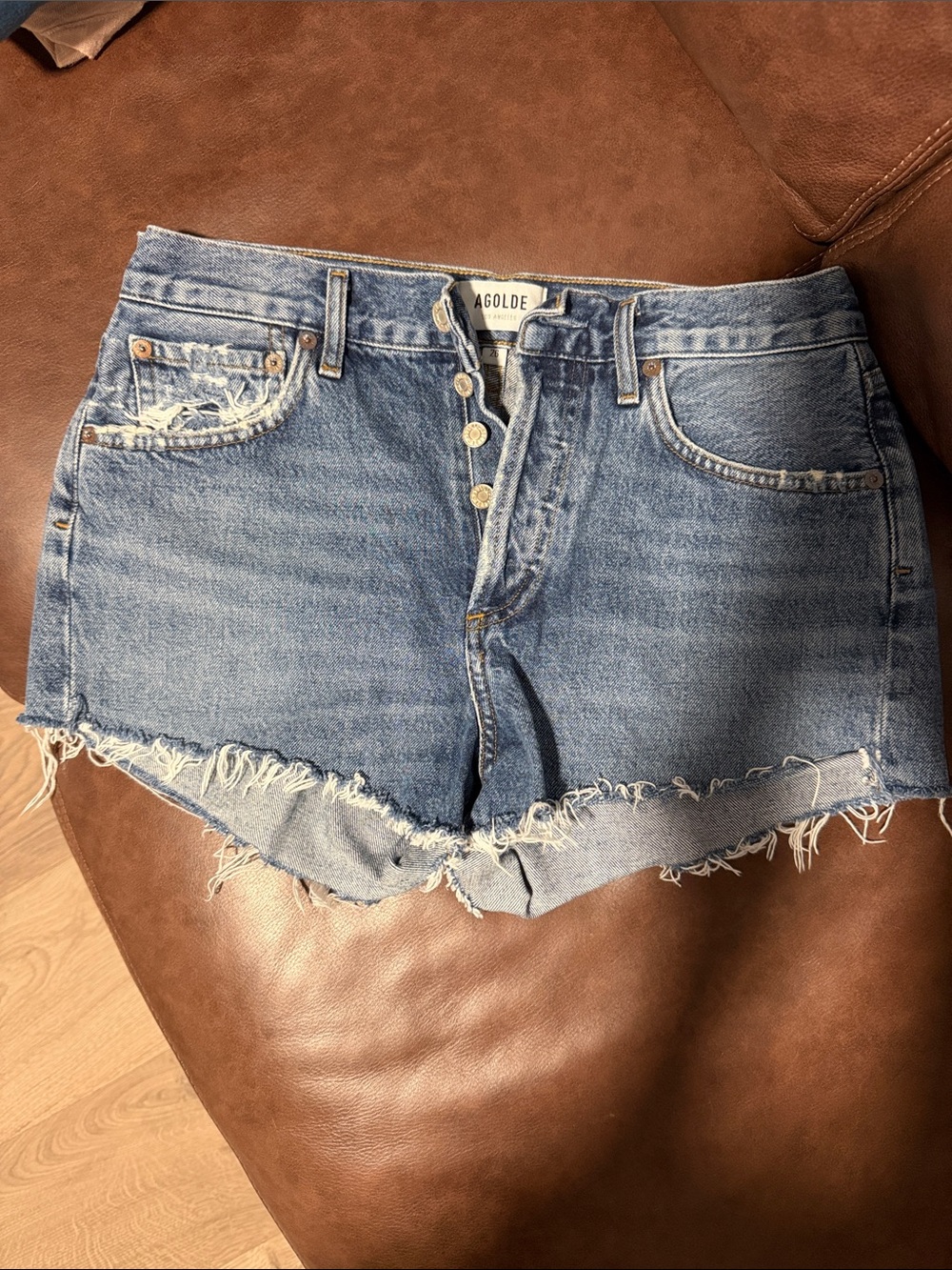 Agolde Light Blue Distressed Denim Shorts
